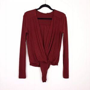 FREE PEOPLE INTIMATELY Turnt Dark Red Plunge Surplice Neckline Drape Bodysuit, M